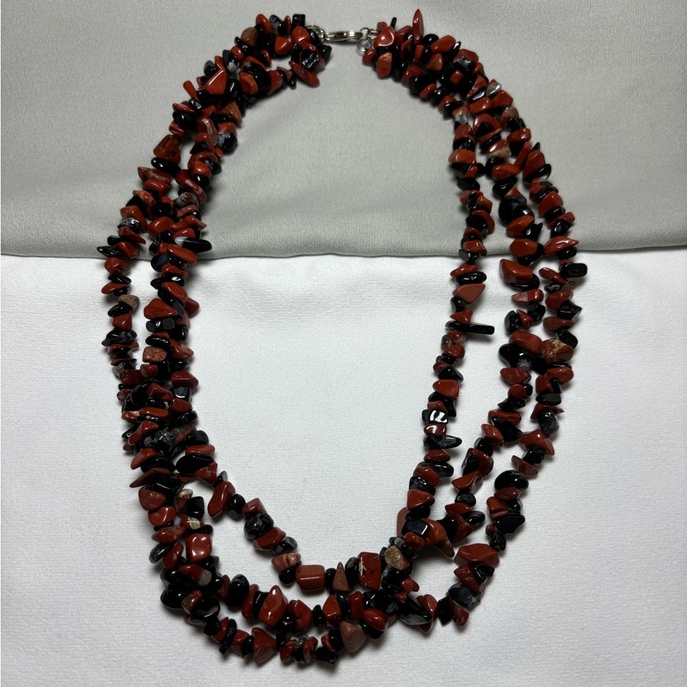 Red Coral And Black Onyx Three Strand Necklace Sterling Silver Necklace
